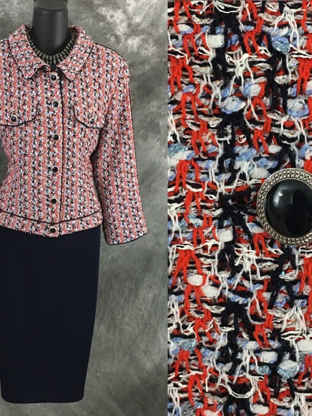 BEAUTIFUL st john knit blue red sequin multi jacket skirt suit size 8